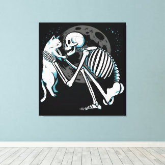Lienzo Skeleton Cat Friend Moon Night Art
