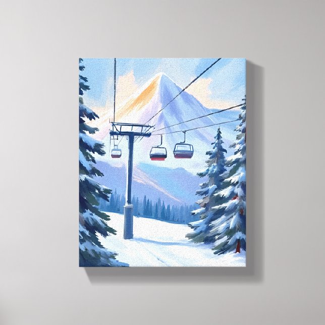 Lienzo Ski Lift | Mountain Winter Watercolor Skiing (Anverso)