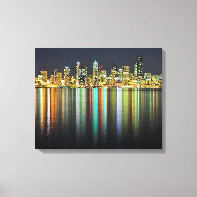 Lienzo Skyline Seattle de noche con reflexión (Anverso)