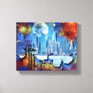 Lienzo SlipperyJoe NYC luna de grafiti rodeada de agitaci