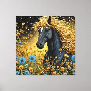 Lienzo Soberbio Semental Negro entre Vibrantes Flores Sil