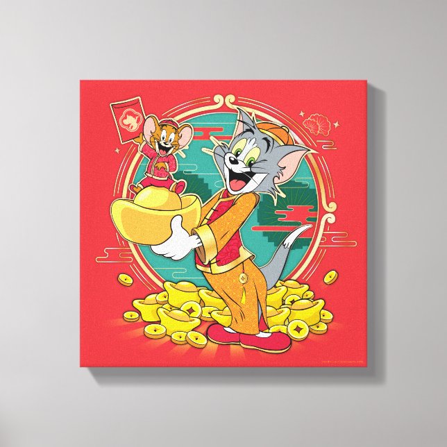 Lienzo Sobre rojo de Tom y Jerry New Years (Anverso)