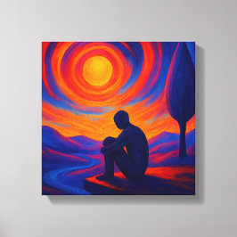 Lienzo Soledad bajo el sol en azul y fuego naranja