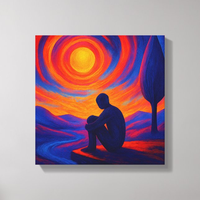 Lienzo Soledad bajo el sol en azul y fuego naranja (Anverso)