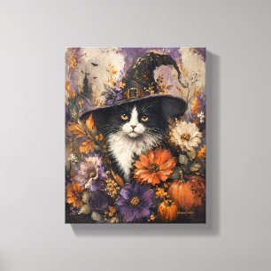 Lienzo Sombrero de Bruja Gato Negro Whimsigótico Floral O