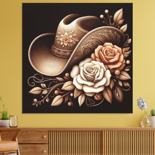 Lienzo Sombrero de vaquera country western con flores