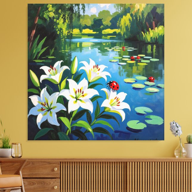 Lienzo „Sommerglück am See – Marienkäfer auf Lilien“ (Insitu (Sala de estar))