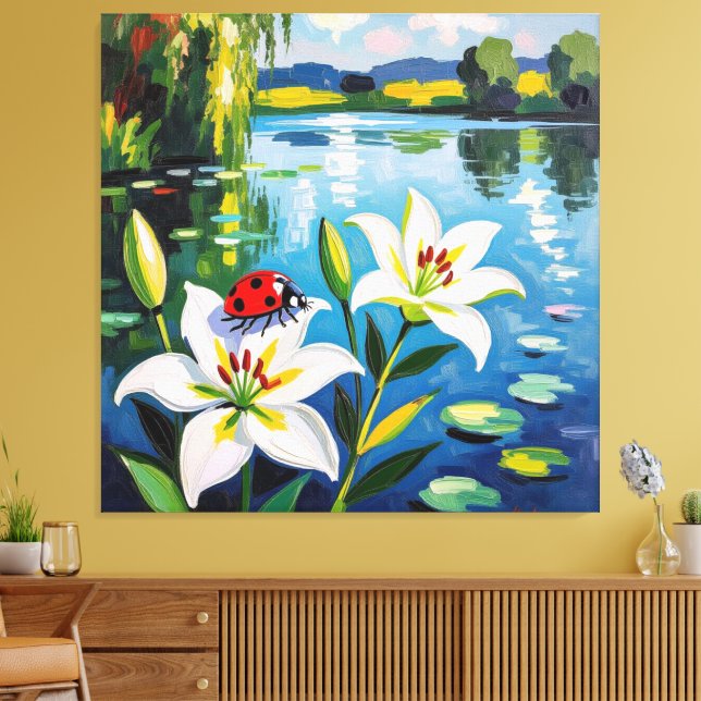 Lienzo „Sommerglück am See – Marienkäfer auf Lilien“ (Insitu (Sala de estar))