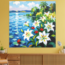 Lienzo „Sommerglück am See – Marienkäfer auf Lilien“