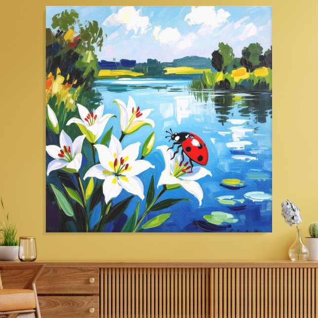 Lienzo „Sommerglück am See – Marienkäfer auf Lilien“ (Insitu (Sala de estar))