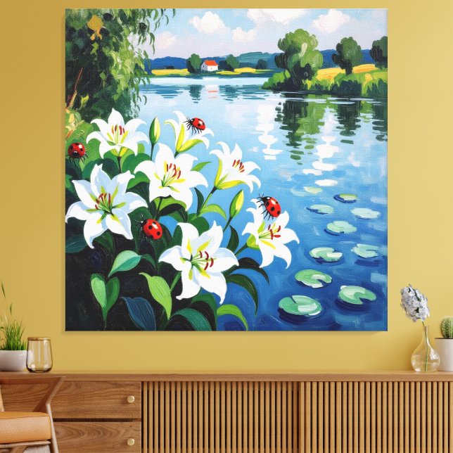 Lienzo „Sommerglück am See – Marienkäfer auf Lilien“ (Insitu (Sala de estar))