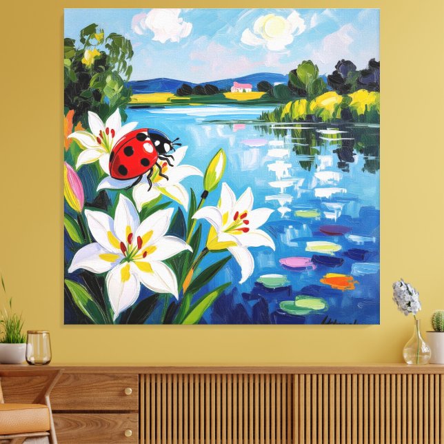 Lienzo „Sommerglück am See – Marienkäfer auf Lilien“ (Insitu (Sala de estar))