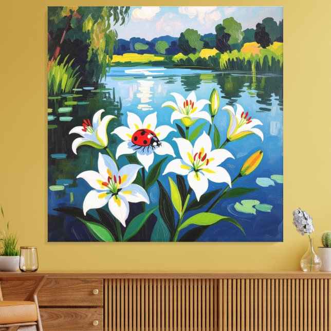 Lienzo „Sommerglück am See – Marienkäfer auf Lilien“ (Insitu (Sala de estar))