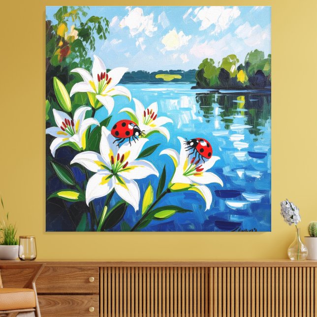 Lienzo „Sommerglück am See – Marienkäfer auf Lilien“ (Insitu (Sala de estar))
