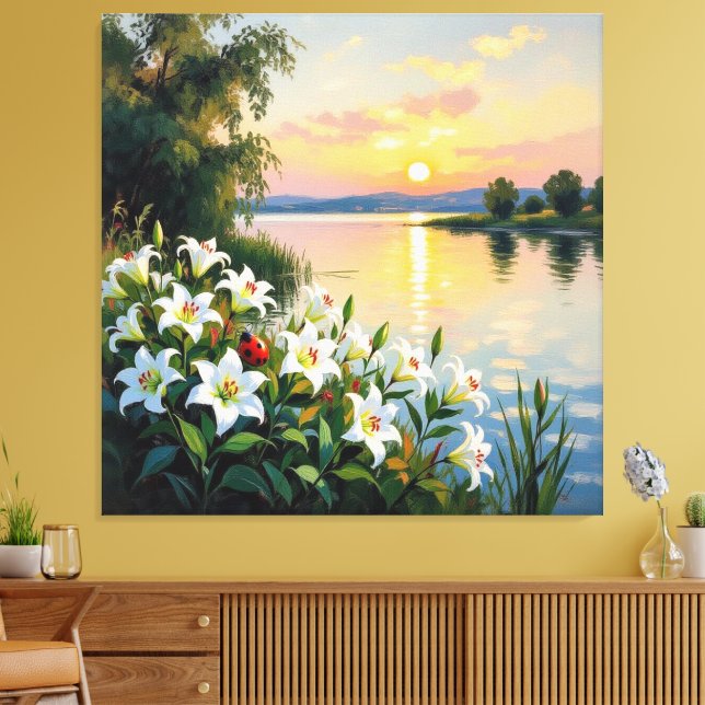 Lienzo „Sommerglück am See – Marienkäfer auf Lilien“ (Insitu (Sala de estar))