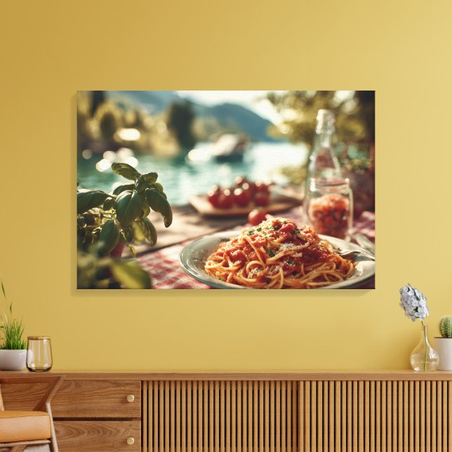 Lienzo Spaghetti al Pomodoro en la mesa de picnic de Lake (Insitu (Sala de estar))
