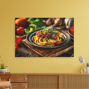 Lienzo Spaghetti Puttanesca con tomates frescos y oliva