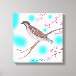 Lienzo Sparrow en arbol de flores de cerezo tela enrollad