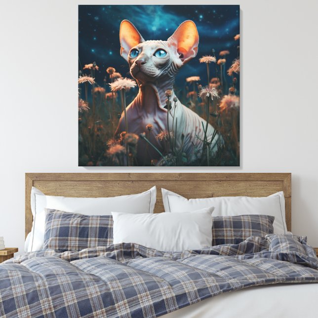 Lienzo Sphynx Cat Gazing Sky – Vibrant Floral Art (Insitu(Dormitorio))