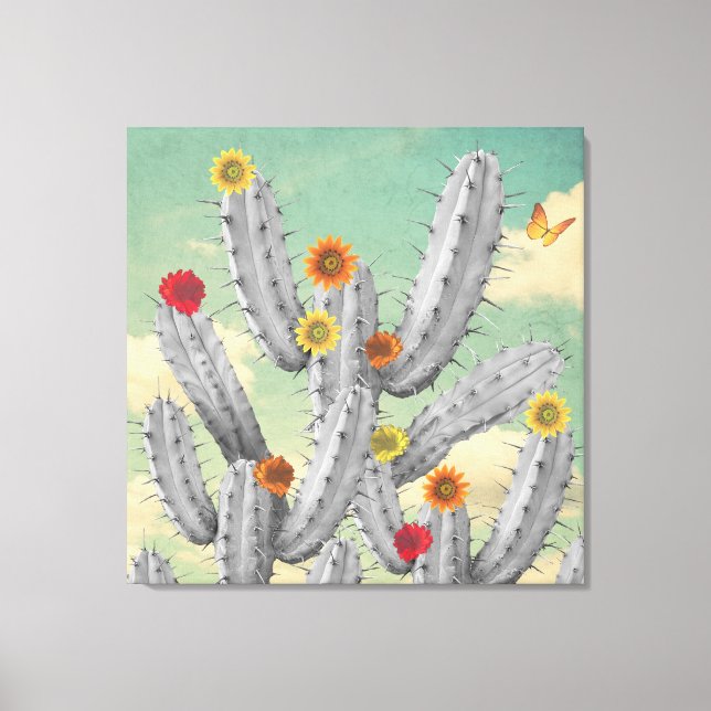 Lienzo Spiky Cactus Flores Collage Art (Anverso)