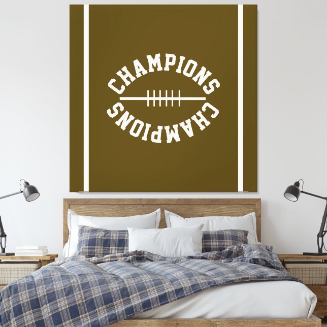 Lienzo  Sporty CHAMPIONS White Text Stripes On Deep Brown (Insitu(Dormitorio))
