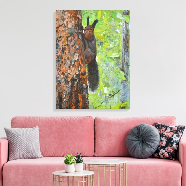 Lienzo Squirrel on Pine Tree – Realistic Oil Painting (Insitu (Sala de estar))