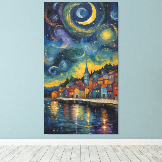 Lienzo Starry Night Over the Harbor Village (Insitu (piso de madera))