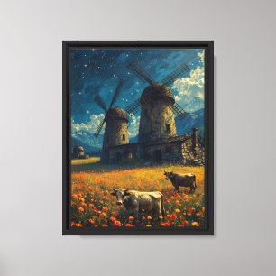 Lienzo Starry Windmill Meadow Cows