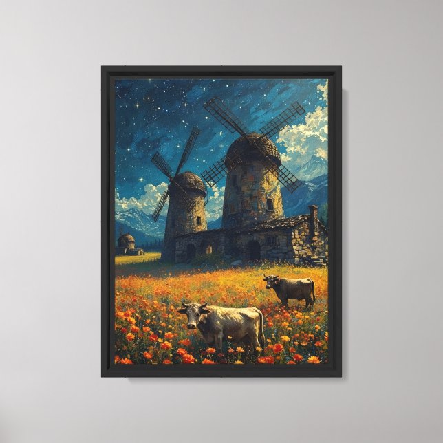 Lienzo Starry Windmill Meadow Cows (Anverso)