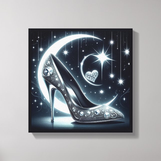 Lienzo Stilettos, diamantes, luna, estrellas y corazón (Anverso)