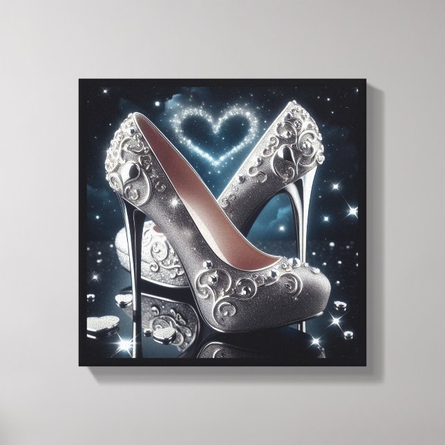 Lienzo Stilettos Talones altos, corazón y diamantes (Anverso)