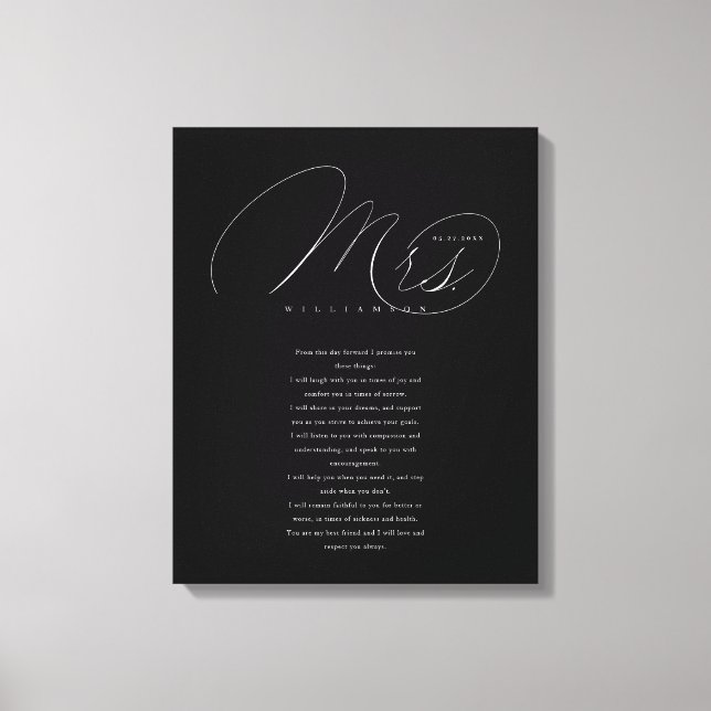 Lienzo Su Boda Vows Elegant Mrs Newlyweds Vows Black (Anverso)
