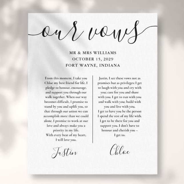 Lienzo Su Y Su Boda Votan Guión Blanco Y Negro (His And Hers Wedding Vows Black And White Script Canvas Print)