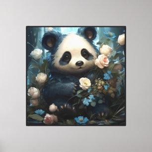 Lienzo Suave oso panda entre Rosas de la selva