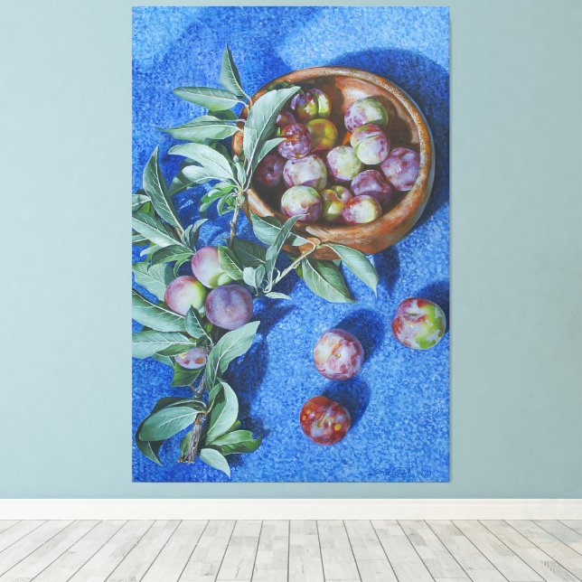 Lienzo Sucursales de ciruelas en pintura de fondo azul (Insitu (piso de madera))