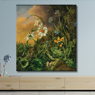 Lienzo Suelo forestal con margaritas, gallos, ...