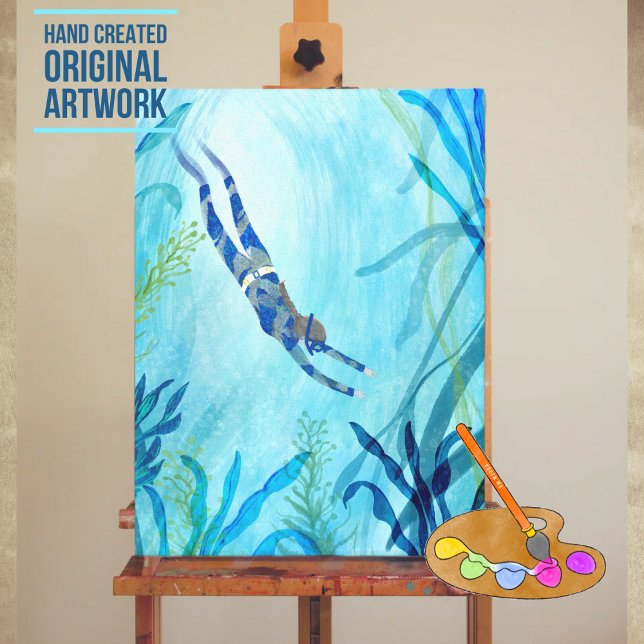 Lienzo Sueños de Aqua, buceo, submarinismo, bajo el mar (“Aqua Dreams” original artwork, digital watercolor. Every stroke hand created by Jenn Grey. #diving)