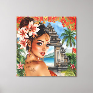 Lienzo Sueños exóticos de Bali, mujeres, templo, playa tr