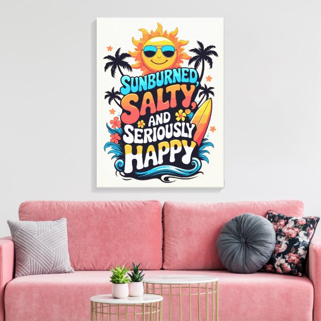 Lienzo Sunburned Salty and Happy – Retro Beach Vibes (Insitu (Sala de estar))