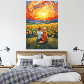Lienzo Sunflower Field Sunset Dog and Girl Art