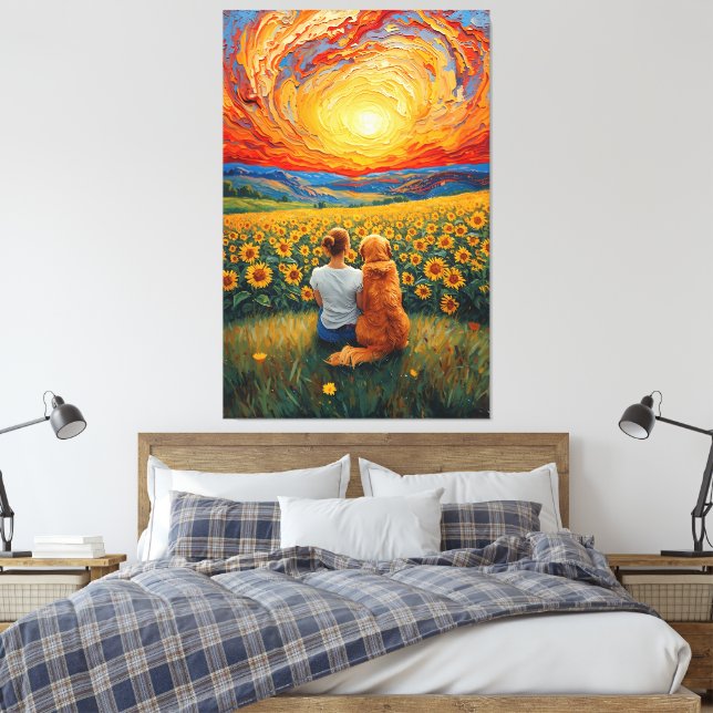 Lienzo Sunflower Field Sunset Dog and Girl Art (Insitu(Dormitorio))