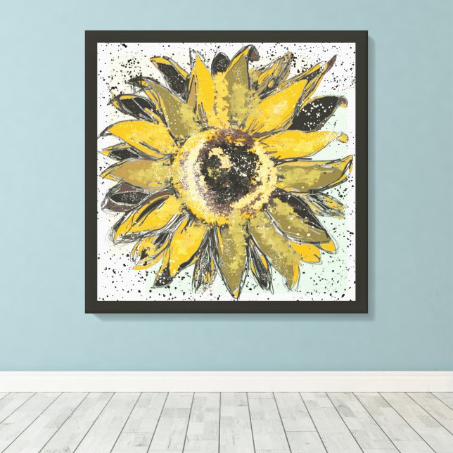 Lienzo Sunflower Yellow Green Black Watercolor Style Art (Insitu (piso de madera))