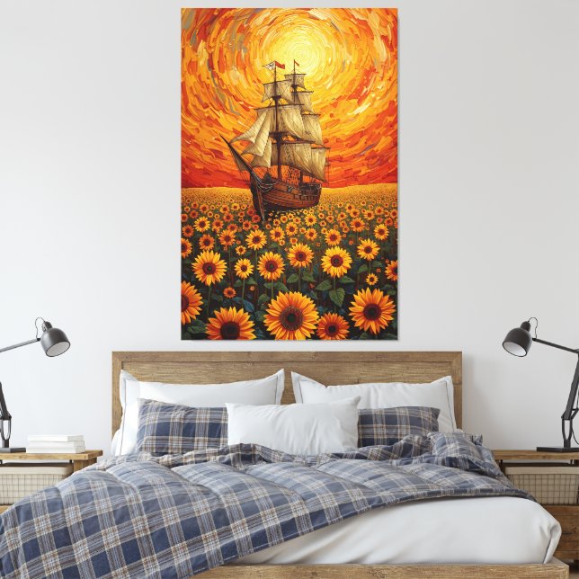 Lienzo  Sunlit Sunflower Sea - Whimsical Sailing Ship Fan (Insitu(Dormitorio))