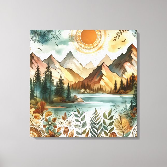 Lienzo Sunny Rustic Boho Nature Pattern Mountain Lake (Anverso)