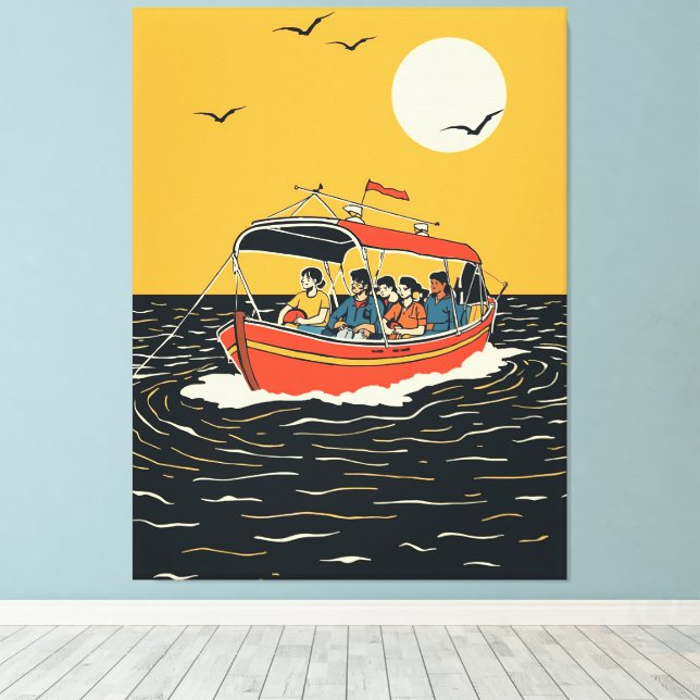 Lienzo Sunset Boat Ride – Retro Minimalist (Insitu (piso de madera))