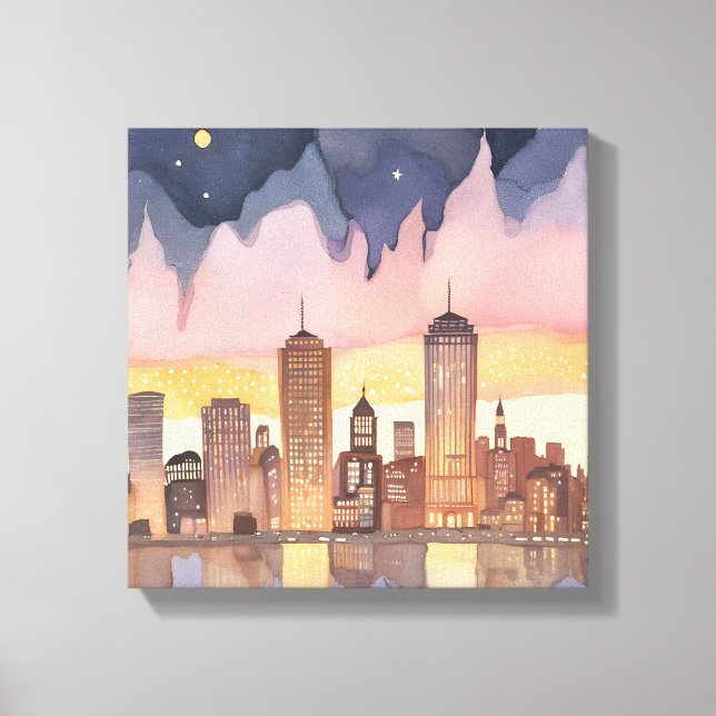 Lienzo Sunset Cityscape | Pintura de acuarela (Anverso)