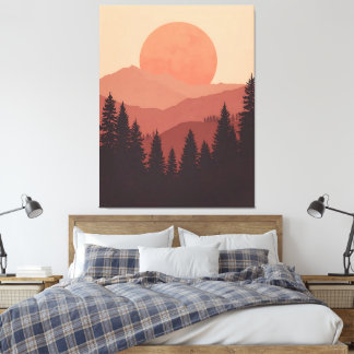 Lienzo Sunset Mountain Forest Nature Illustration