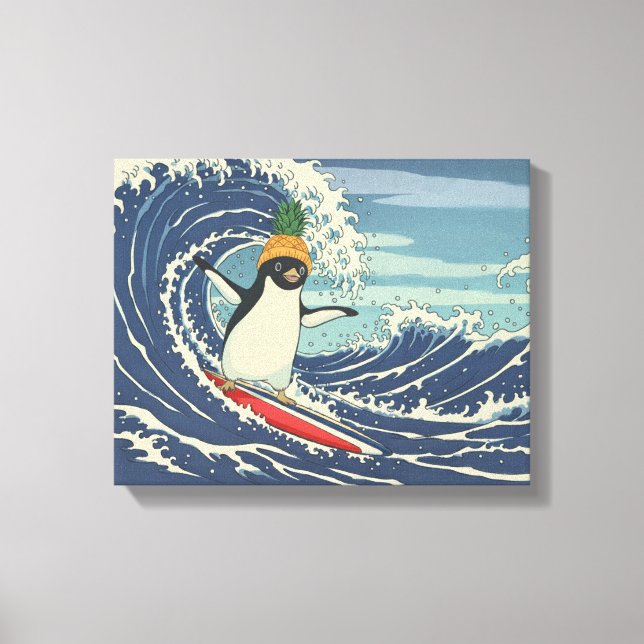 Lienzo Surfing penguin Ukiyo-e style "Ride the Wave" (Anverso)
