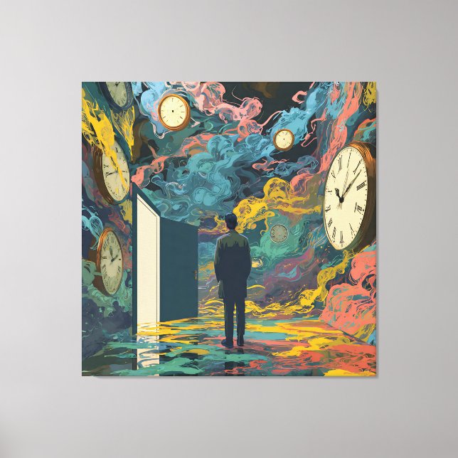 Lienzo Surreal Figure Room Swirling Clocks Smoke Wall Art (Anverso)