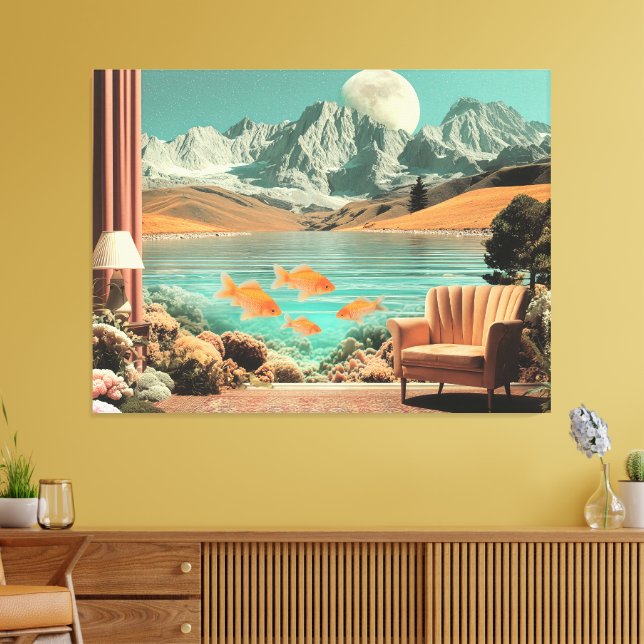 Lienzo Surreal Interior with Fish and Moonlit Landscape (Insitu (Sala de estar))